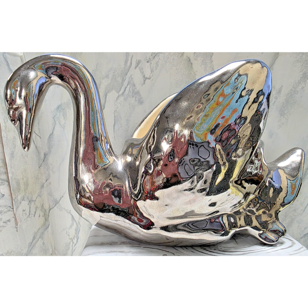 Chic Pottery High Glossy Silver Pottery Ceramic Swan Planter, 6.5" x 4.5", VTG